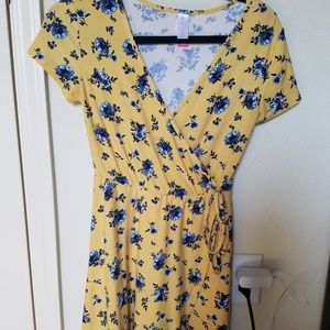 Sweet Yellow and Blue Floral Wrap Dress